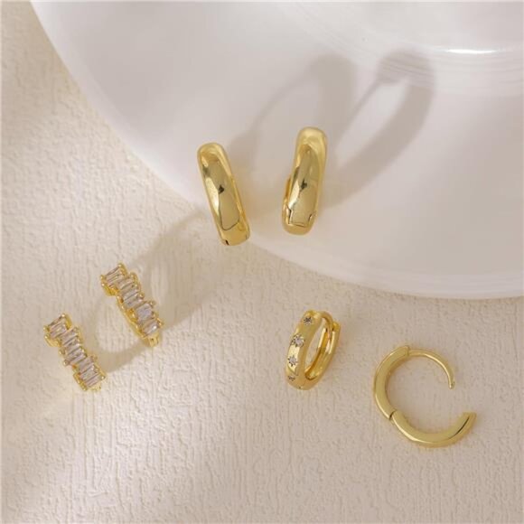 Gold Hoop Huggie Earrings Set | 3 Sizes Chunky Fashion Hoops - Picture 4 of 5